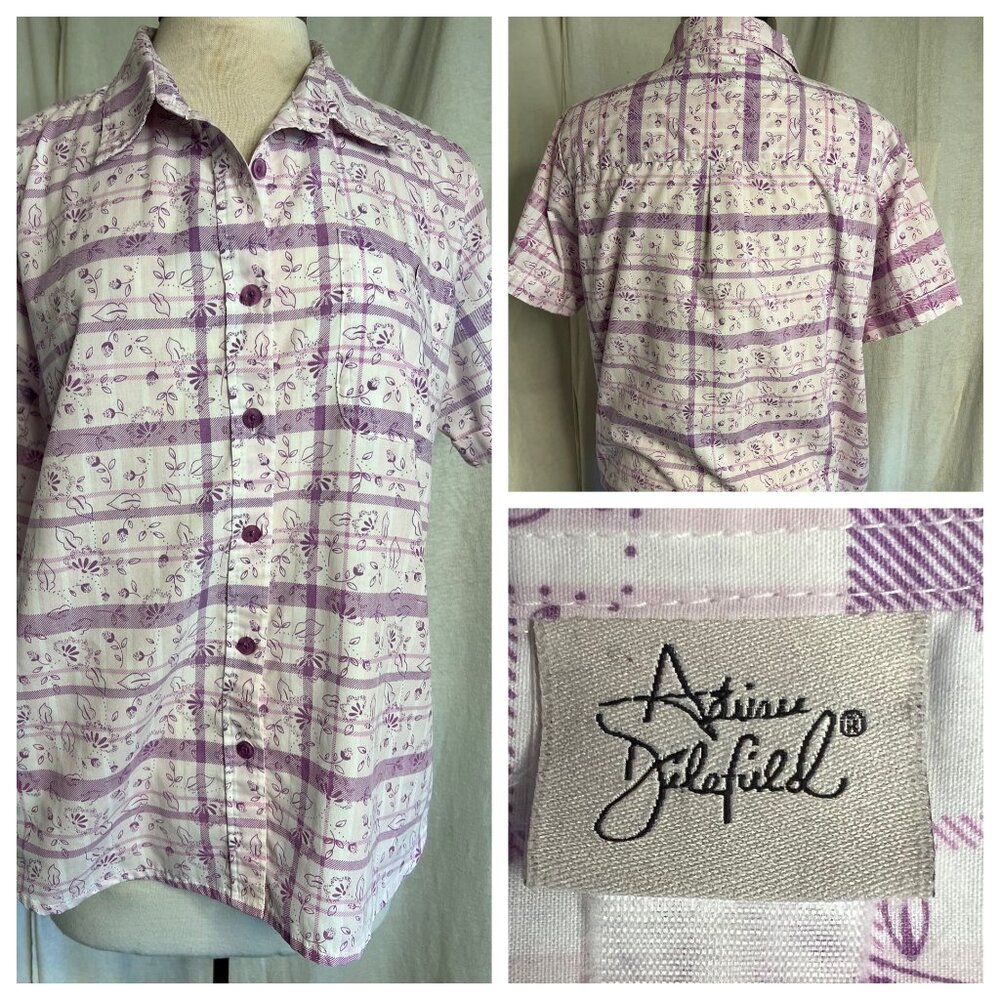 Adrian Delafield Blouse L Purple White short sleeve pocket collar Flaw